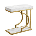 C-Shaped Sofa Side Table with Faux Marble Top - White / Gold