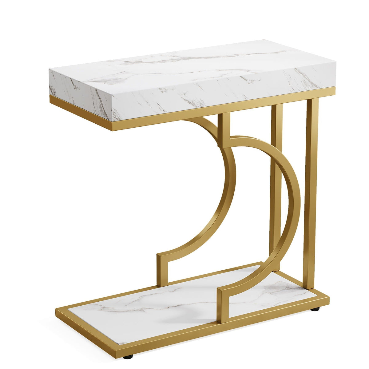 C-Shaped Sofa Side Table with Faux Marble Top - White / Gold