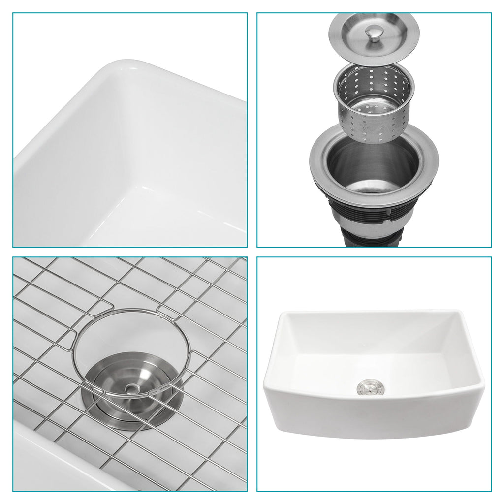 Ceramic Farmhouse Sink Apron Front Single Bowl with Arch Edge - White