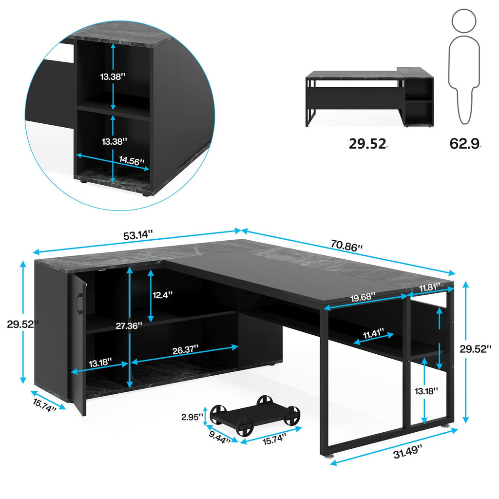 L-Shaped Executive Desk with Cabinet Storage - Dark Gray or Black