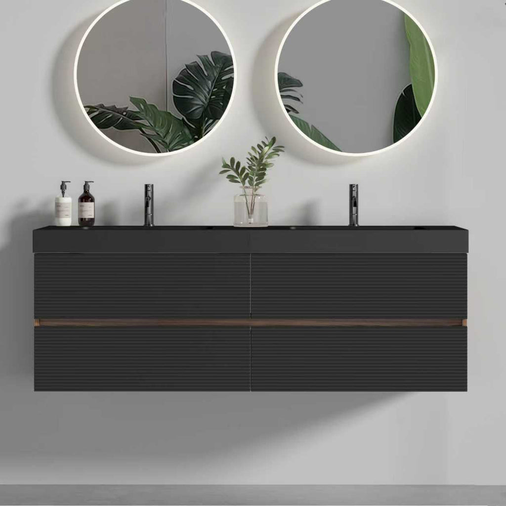 Grace 60" Wall-Mounted Bathroom Vanity with Storage - Walnut & Black Granite