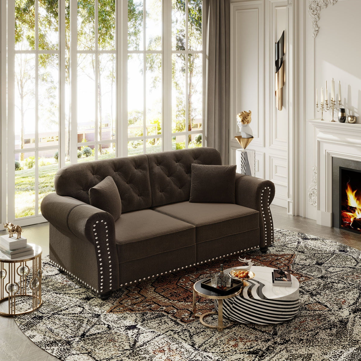 Upholstered Chesterfield Sofa with Nailhead Trim and Rolled Armrests - Fabric
