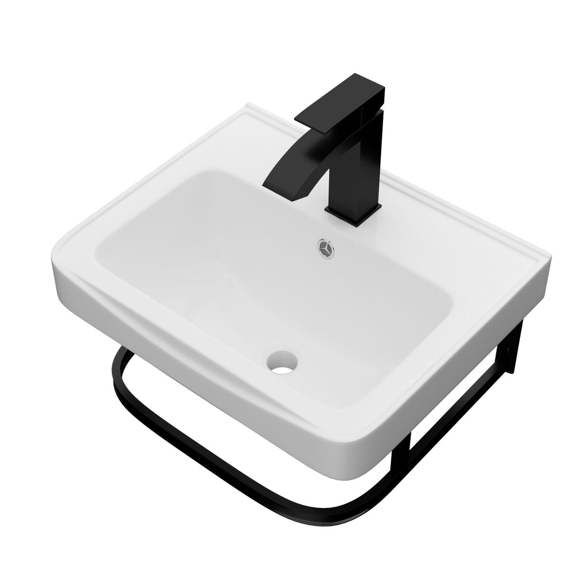 Wall Mounted Bathroom Sink with Towel Bar & Overflow - White / Black