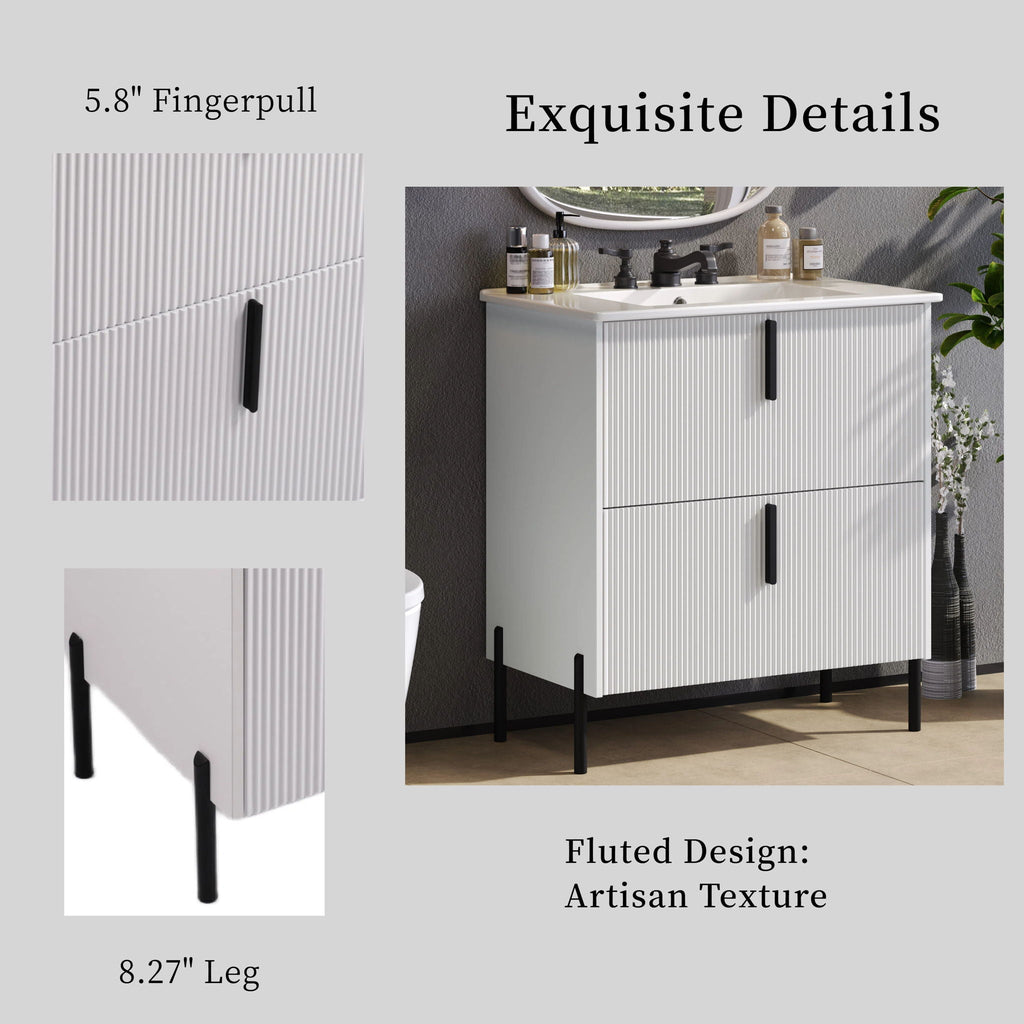 Bathroom Vanity With Ceramic Sink and Fluted Design - Dark Green, White, Light Brown