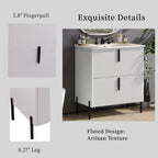 Bathroom Vanity With Ceramic Sink and Fluted Design - Dark Green, White, Light Brown
