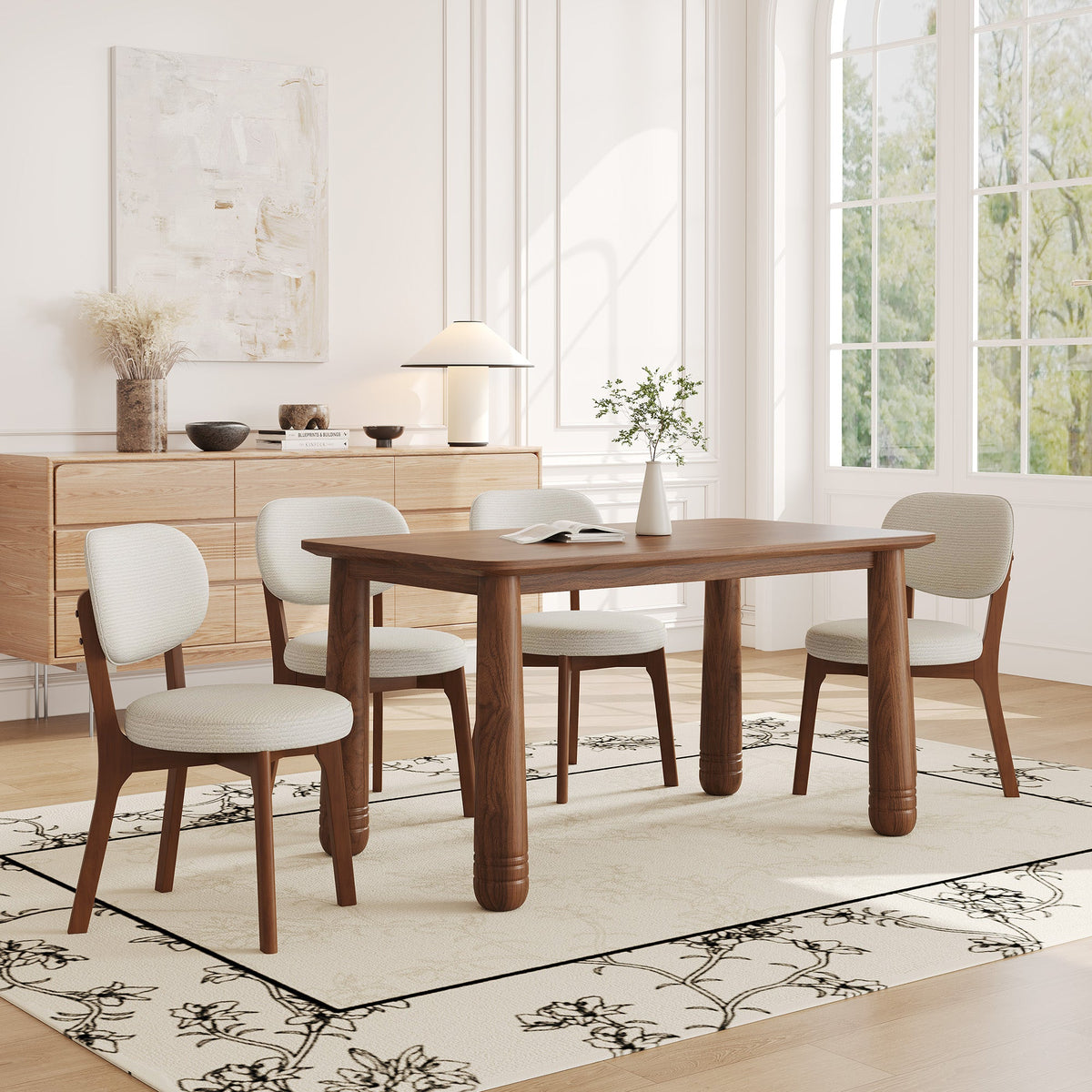 63-Inch Walnut-Finish Dining Set with 4 Upholstered Chairs