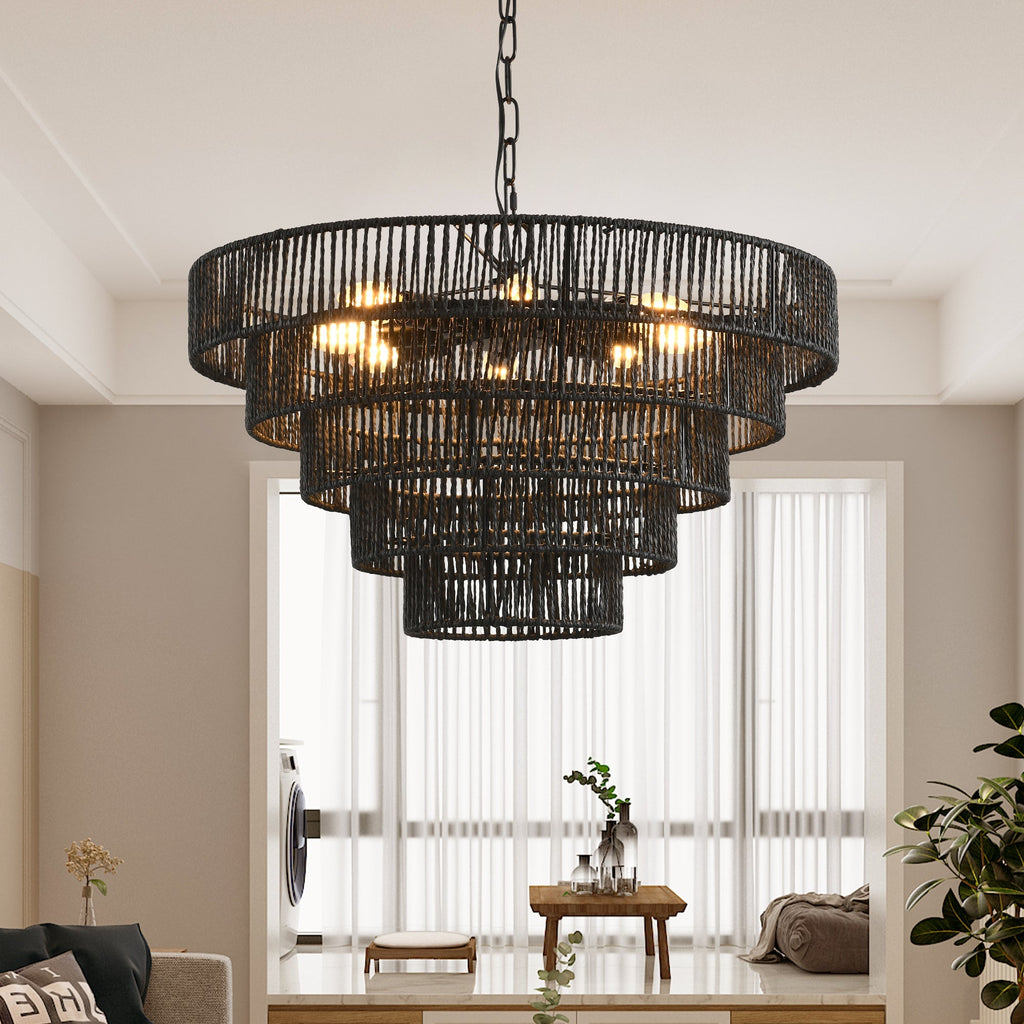 24" Rustic 5-Tier Pendant Light Chandelier with 8 E12 Sockets - Black