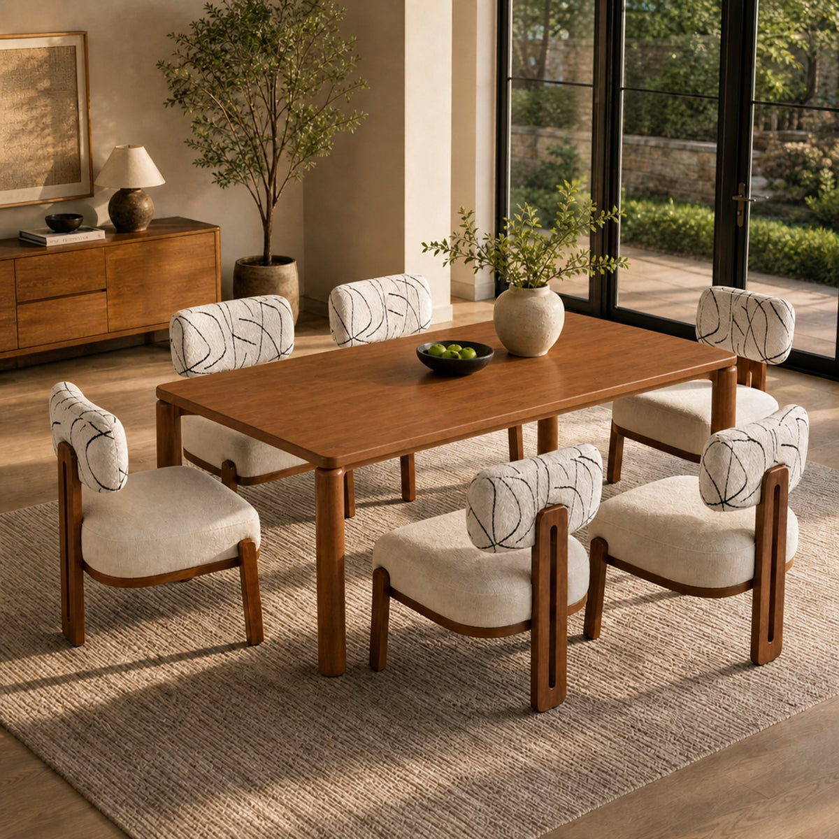 7-Piece Dining Table Set for 6 with Rubber Wood Table - Beige, Dark Brown, Light Gray, Walnut