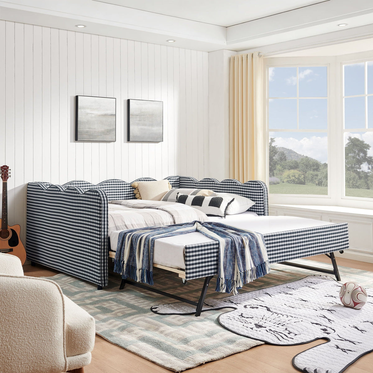 Gingham Daybed with USB Charging Port and Wave-Shaped Design - Multiple Colors