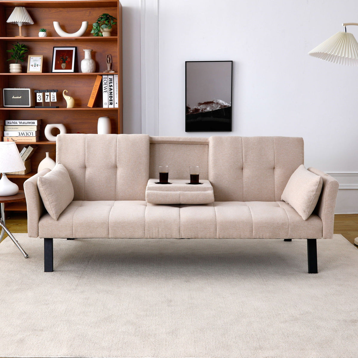 Foldable Sofa Bed with Cup Holder and Solid Wood Frame - Multiple Colors