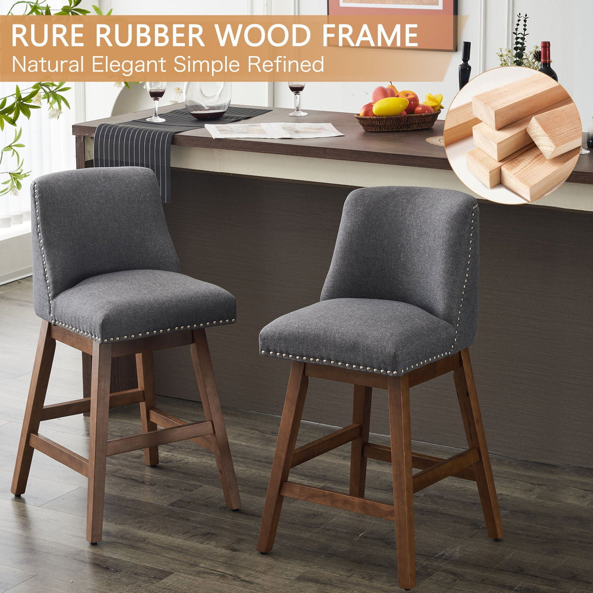Upholstered Swivel Bar Stool Set with High Back and 360° Rotation - Blue or Dark Gray
