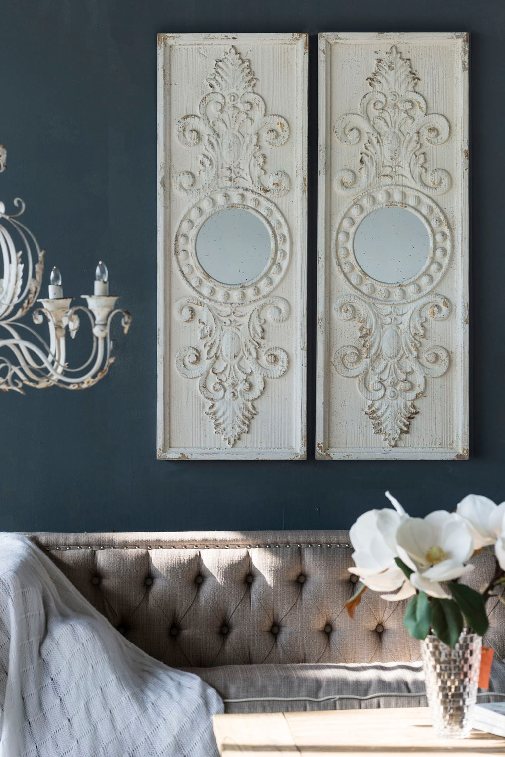 Large Wooden Wall Art Panels with Distressed Round Mirror Accents - White