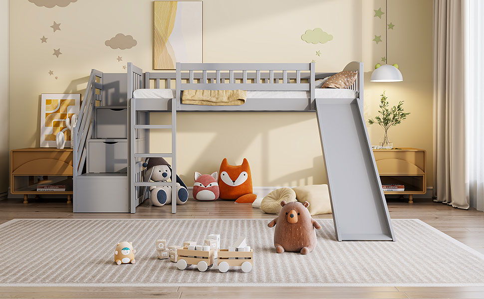 Loft Stairway Bed with Drawers and Convertible Ladder - Twin
