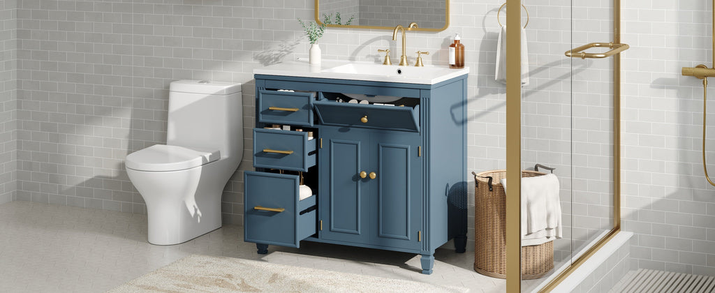36" Bathroom Vanity with Ceramic Sink and Ample Storage - Blue Gray, Black, White