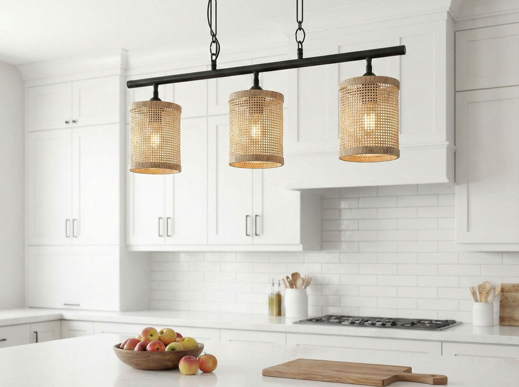 Elysian - 3 Lights Island With Natural Shade Farmhouse Chain Ceiling Lamp