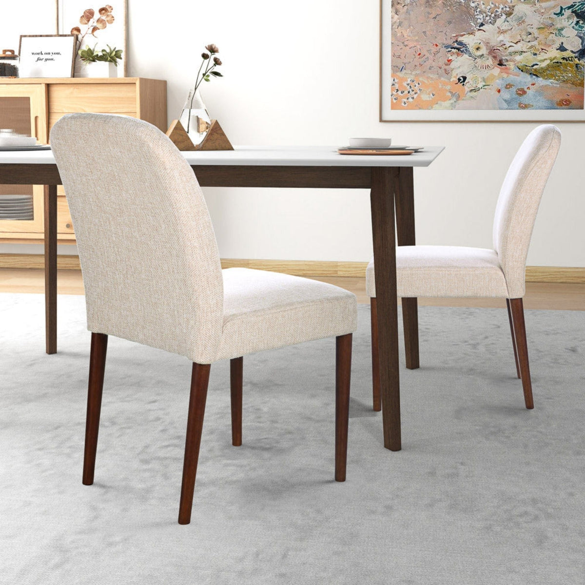 Beige Linen Dining Chair Set of 2 with Padded Seat - Skylar