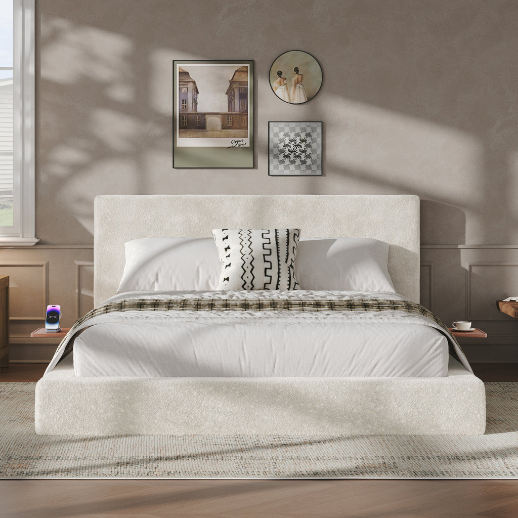 AirFrame Queen Bed Frame with Adjustable Sliding Side Table - Off-White Sherpa