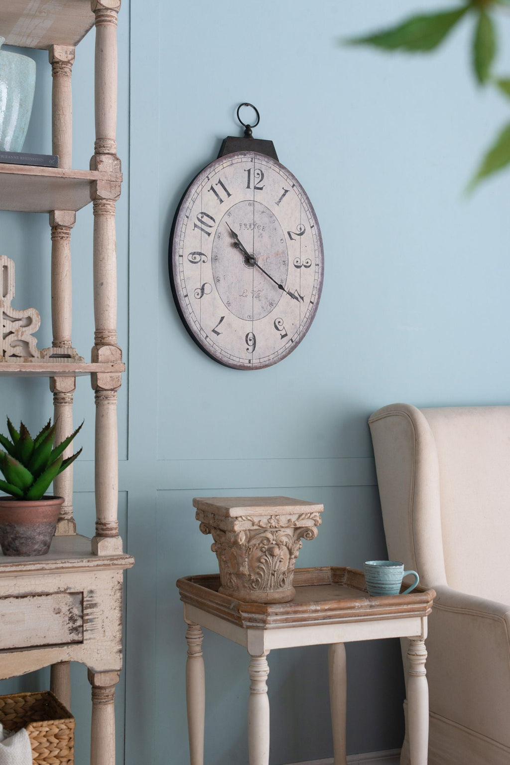 Antique Oval Wall Clock with Easy-Hang Design - Ivory