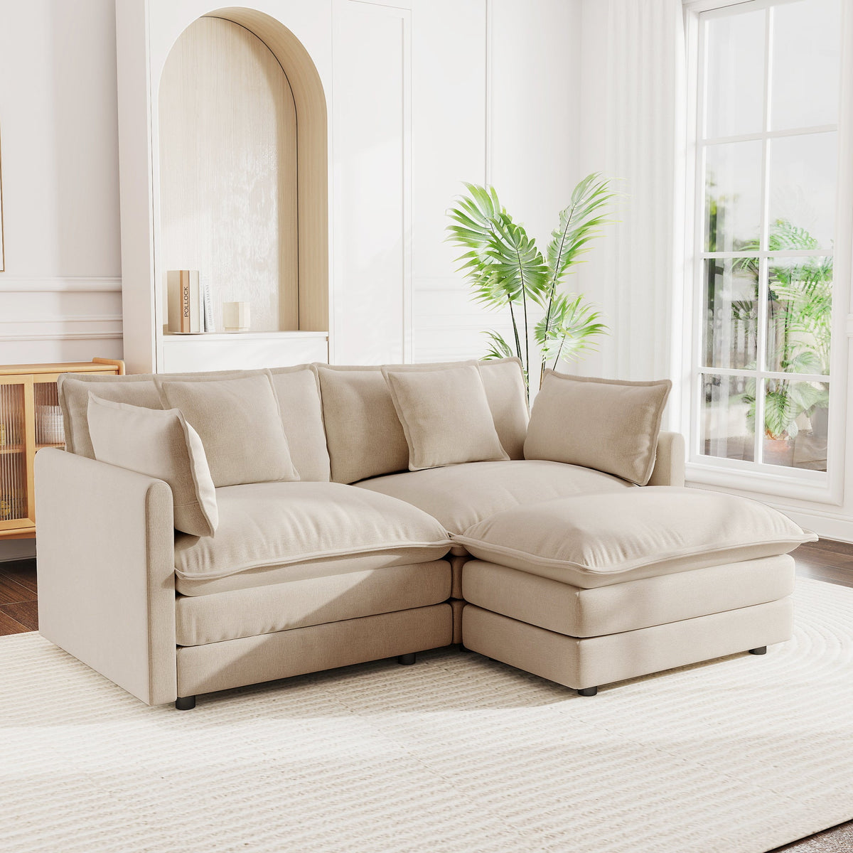 Chenille Two-Seater L-Shaped Sectional Sofa with Ottoman - Chenille