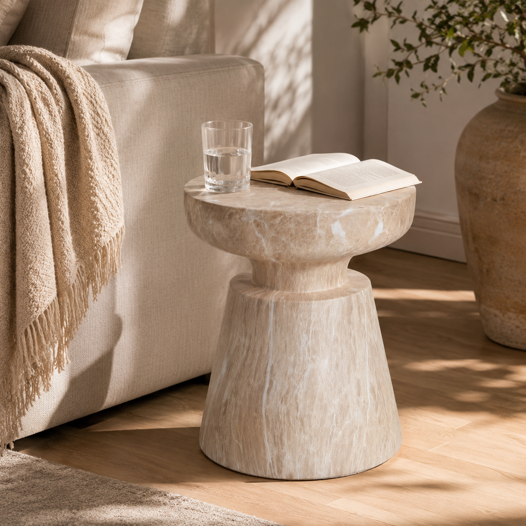 Travertine Outdoor Side Table with Pedestal Base – Gold or White
