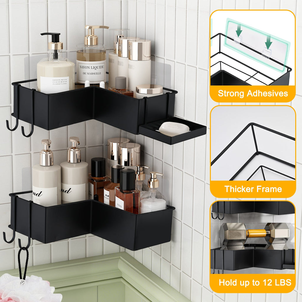 Adhesive Corner Shower Caddy 2-Pack with Hooks - Stainless Steel