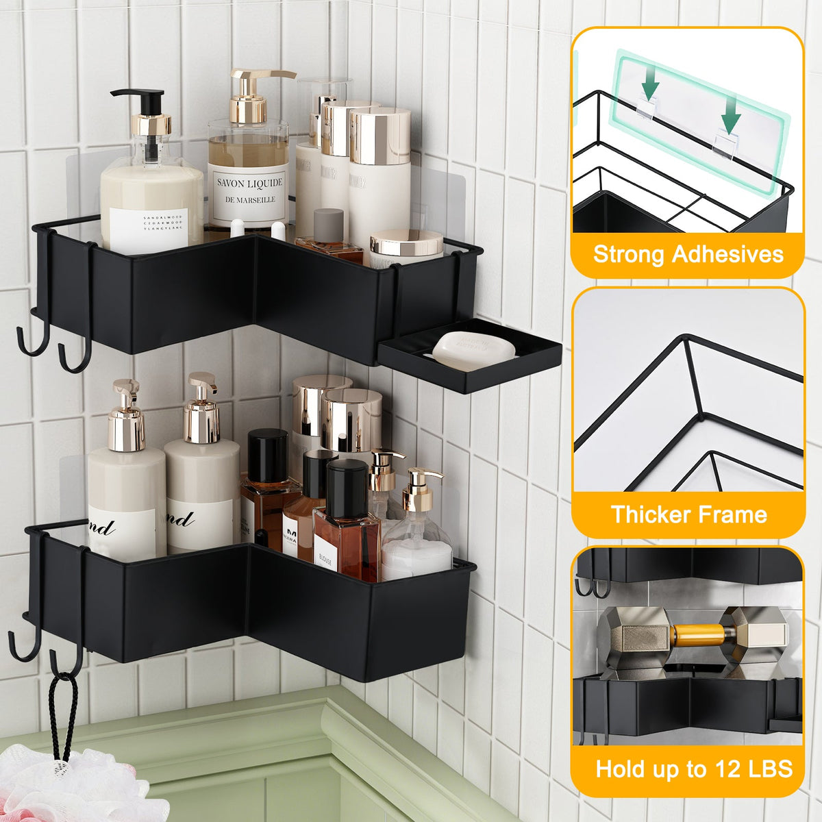 Adhesive Corner Shower Caddy 2-Pack with Hooks - Stainless Steel