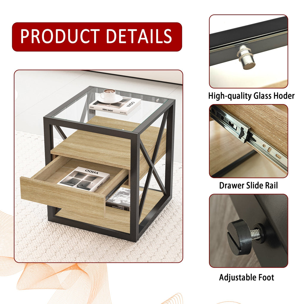 Modern End Table with Drawer - Natural Wood & Tempered Glass