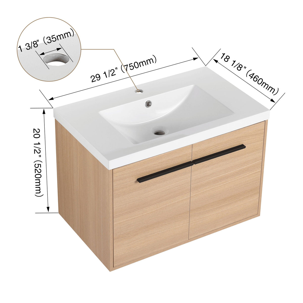 Bathroom Vanity Set with Resin Countertop Sink and 2 Doors - Light Brown Oak