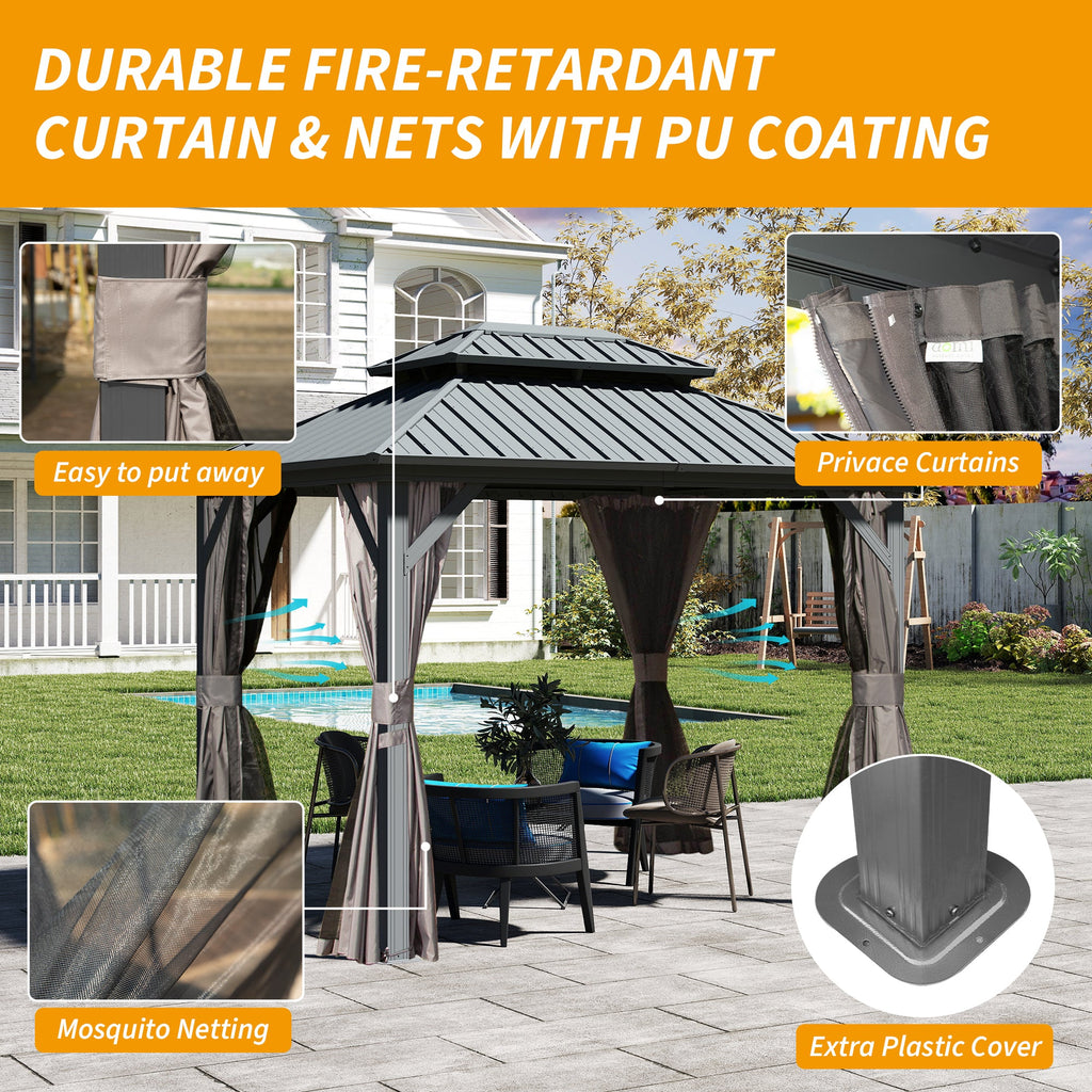 8' x 10' Hardtop Gazebo with Curtains & Netting - Metal, Double Roof
