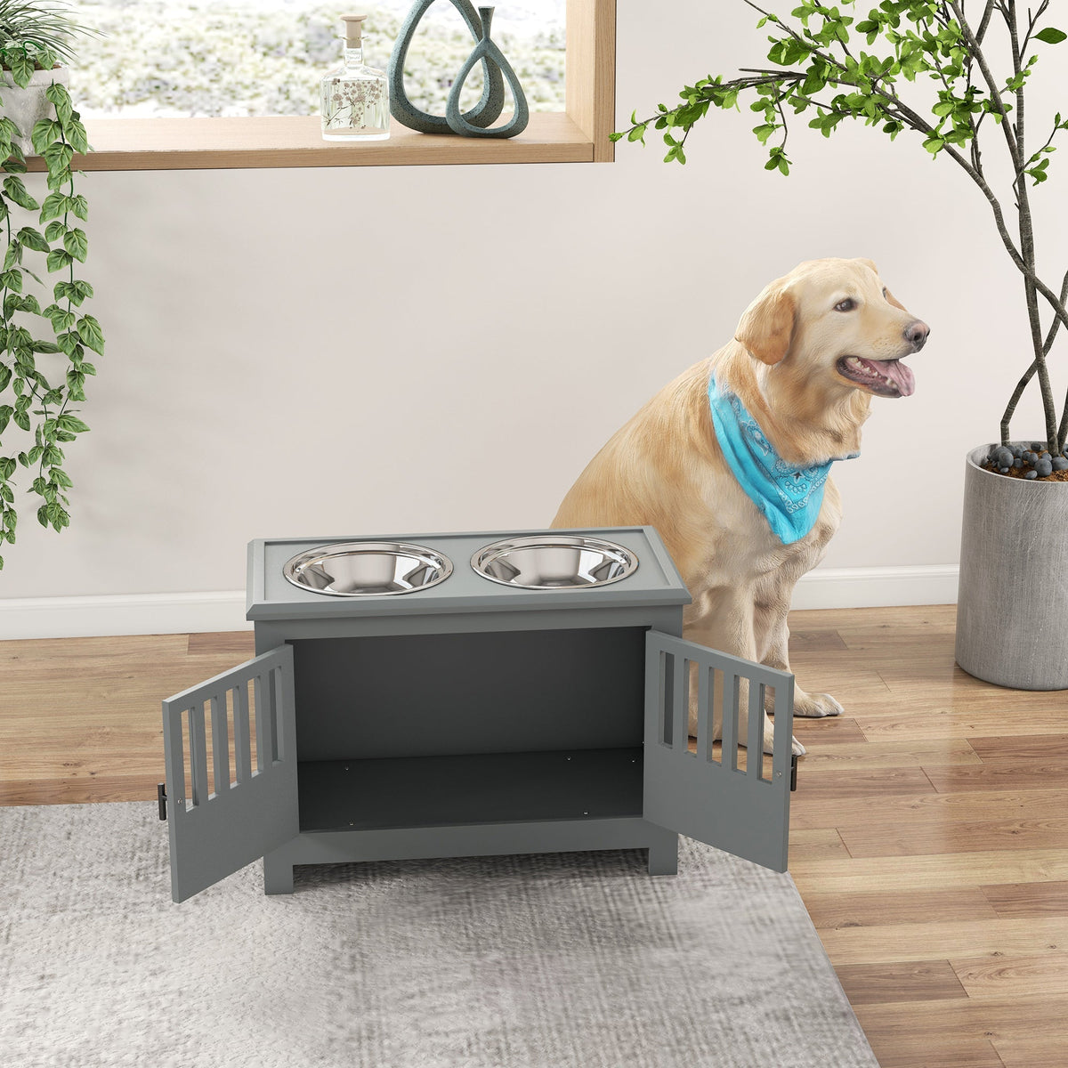 PawHut Large Elevated Dog Bowls with Storage Cabinet