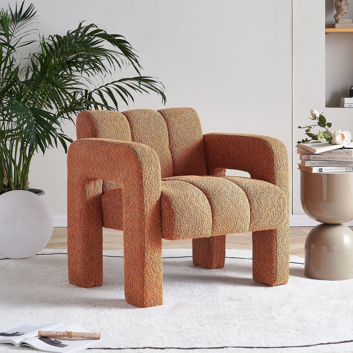 Boucle Upholstered Accent Chair with Solid Wood Frame - Beige, Dark Gray, Orange