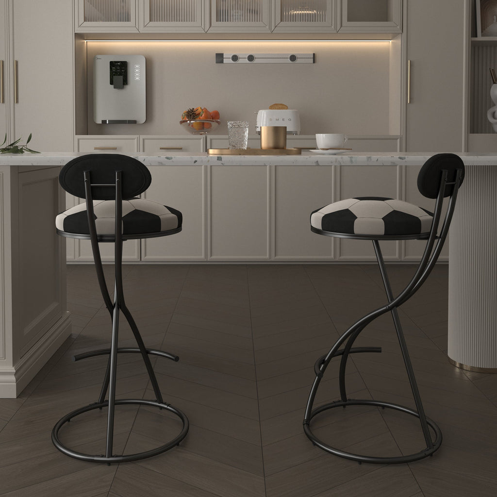 Upholstered S-shaped Barstools Set of 2 with Velvet Football Print - Black