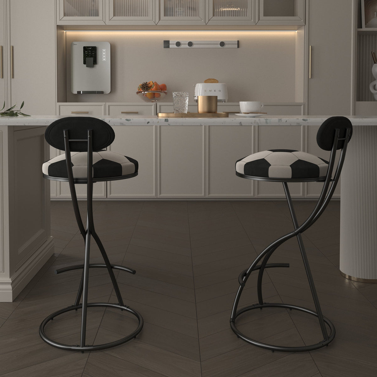 Upholstered S-shaped Barstools Set of 2 with Velvet Football Print - Black