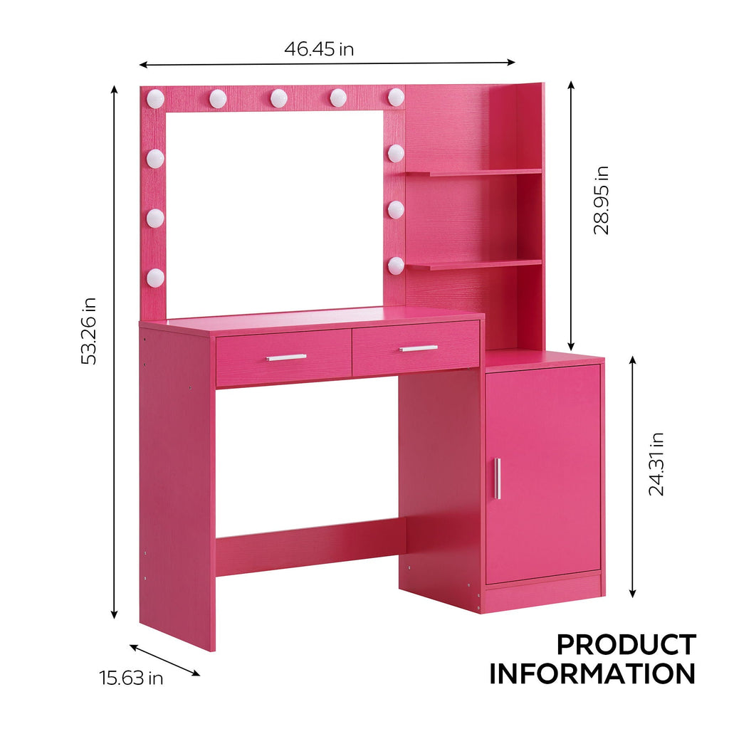 Vanity Desk with Mirror and Adjustable LED Lights - Black or Pink