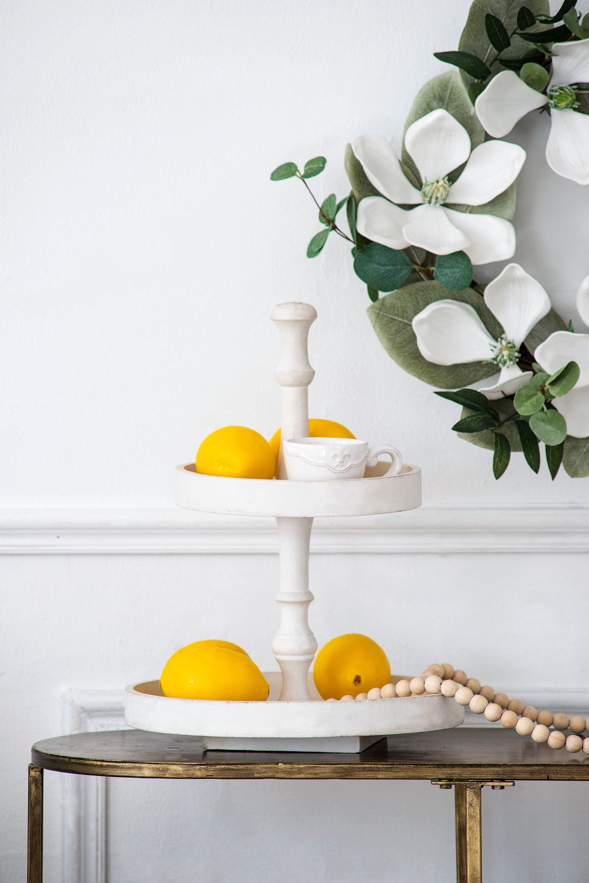 Two Tiered Round Wooden Tray with Farmhouse Style - White