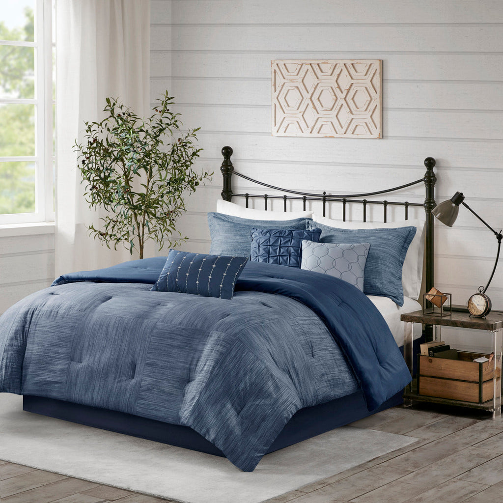 Navy Seersucker Comforter Set with Hypoallergenic Filling - King