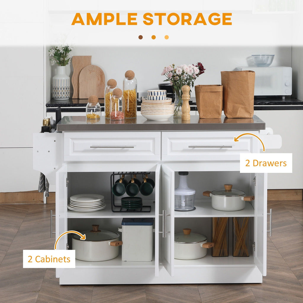 Rolling Kitchen Island with Stainless Steel Top and Ample Storage - Gray or White