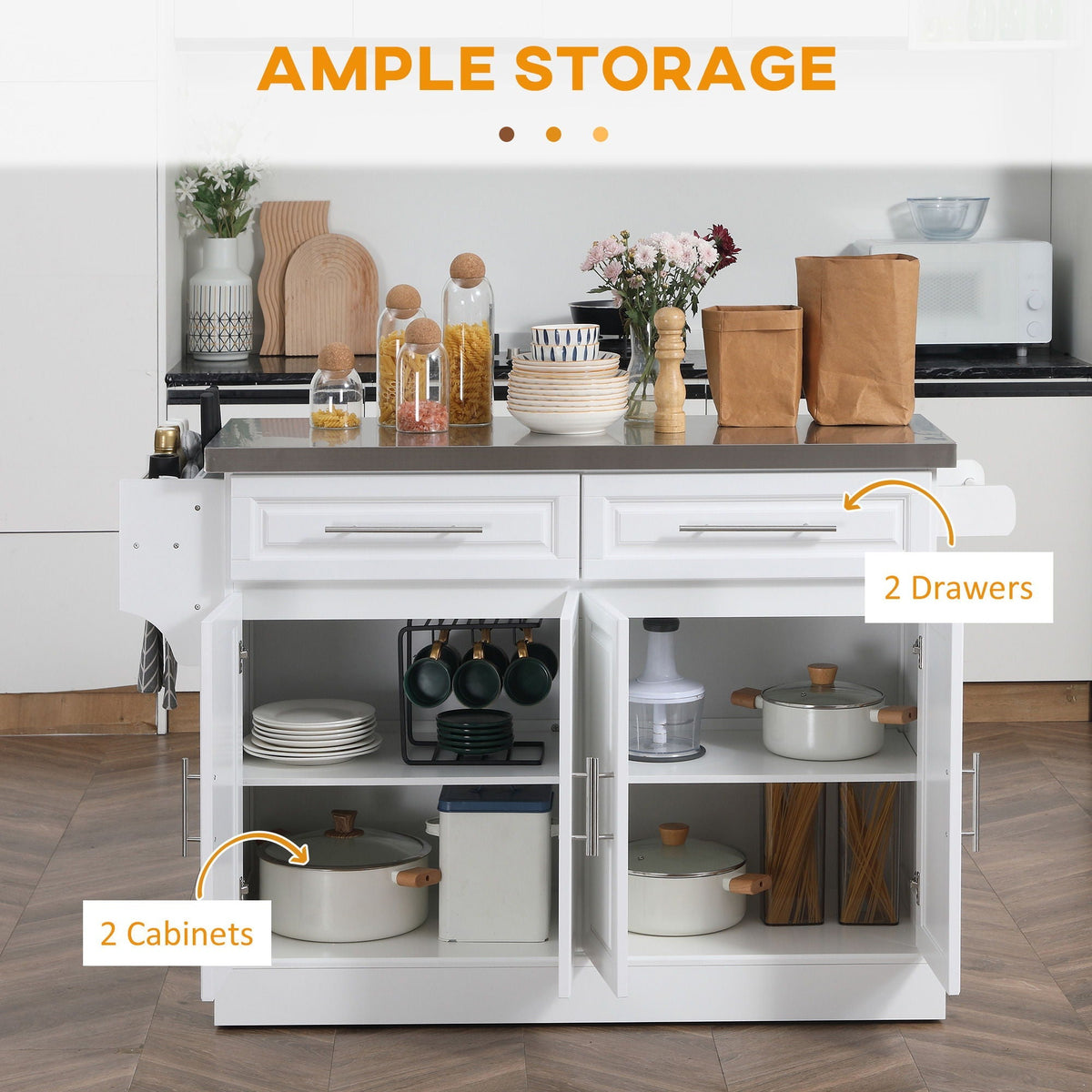 Rolling Kitchen Island with Stainless Steel Top and Ample Storage - Gray or White