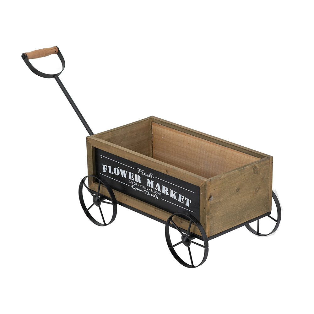 Rustic Wooden Wagon Planter with Metal Wheels - Brown Black