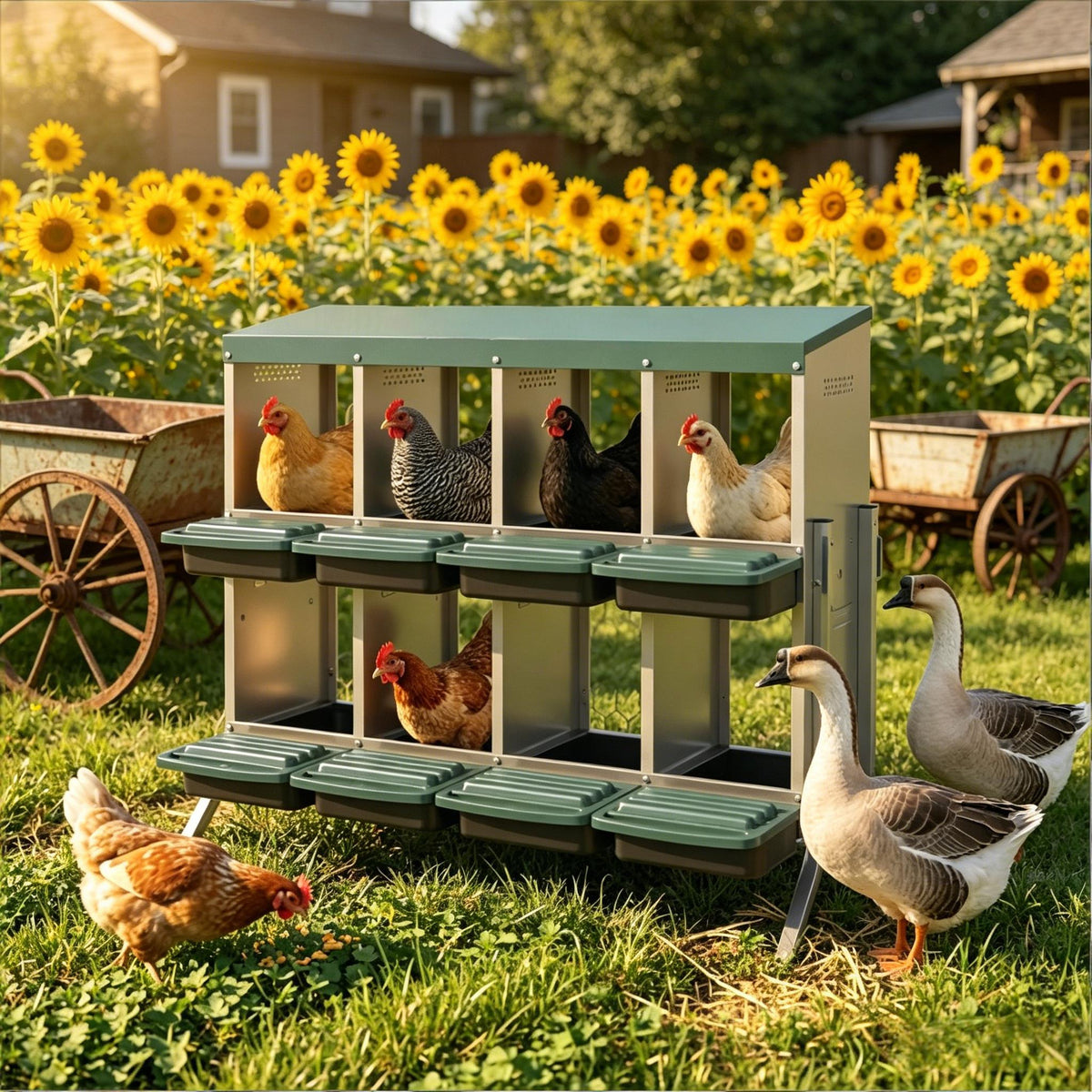 Metal Chicken Egg Laying Boxes with 8 Compartments and Waterproof Roof - Metallic