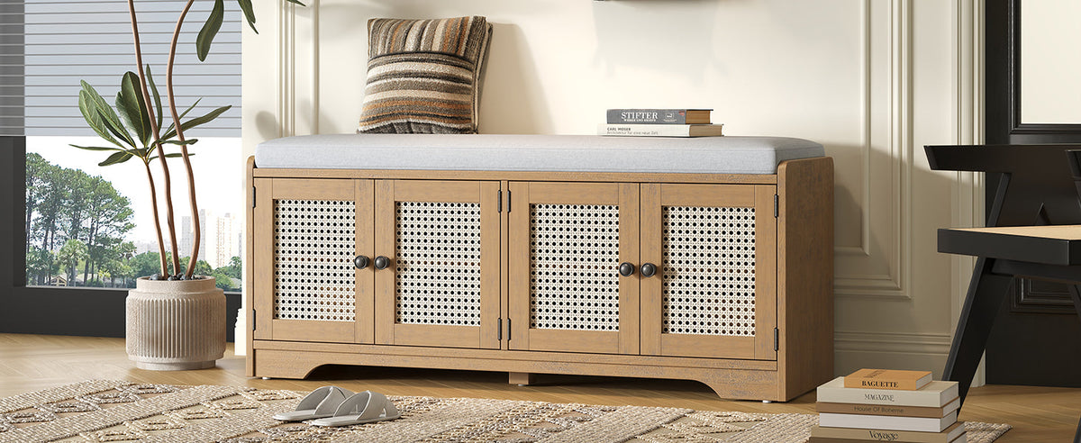 Rustic Storage Bench with Woven Rattan Doors - Natural Wood Finish