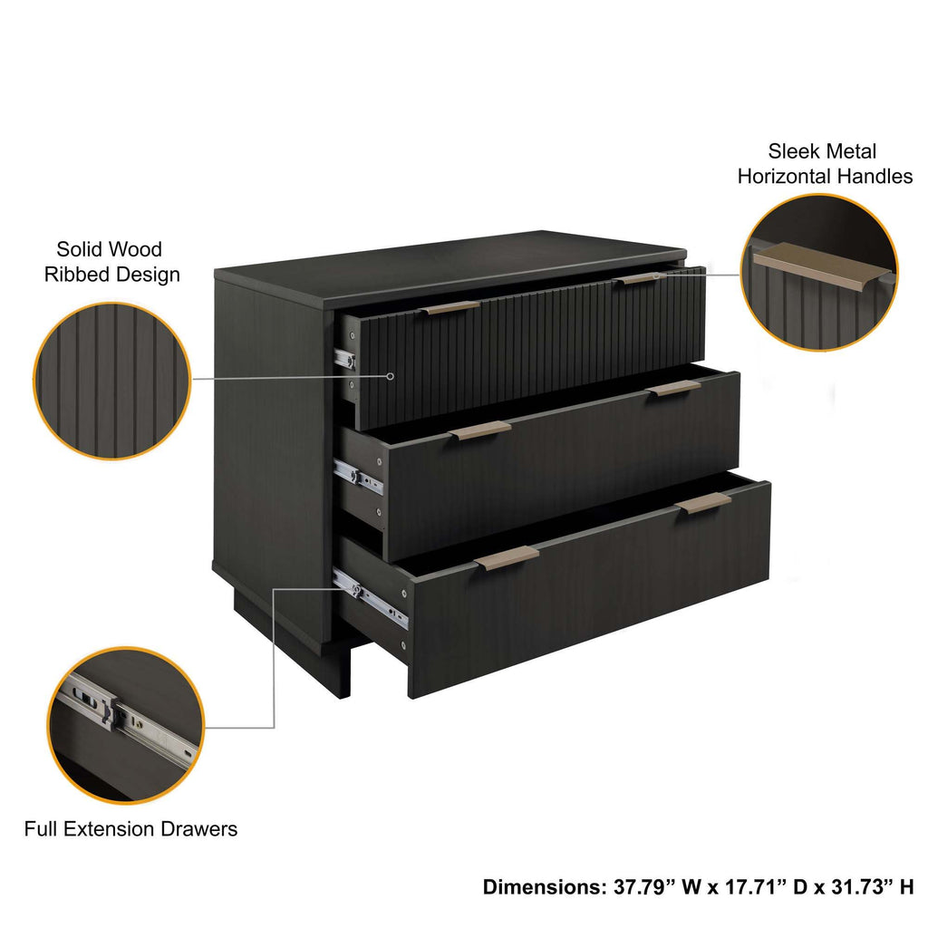 Solid Wood 3 Drawer Dresser with Ribbed Fronts - Multiple Colors