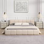Elegant Chenille Upholstered Bed with Checkerboard Headboard - Beige