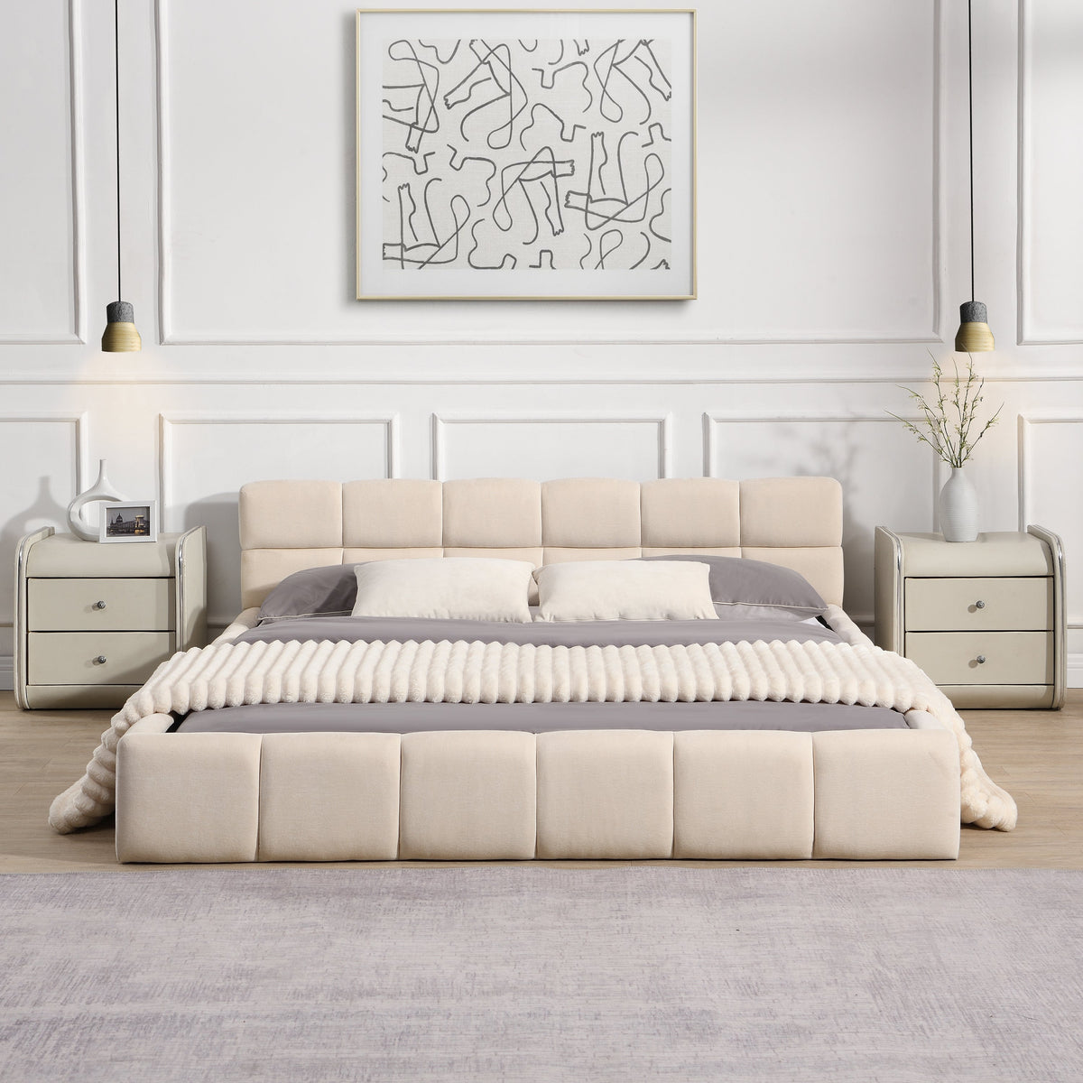 Elegant Chenille Upholstered Bed with Checkerboard Headboard - Beige