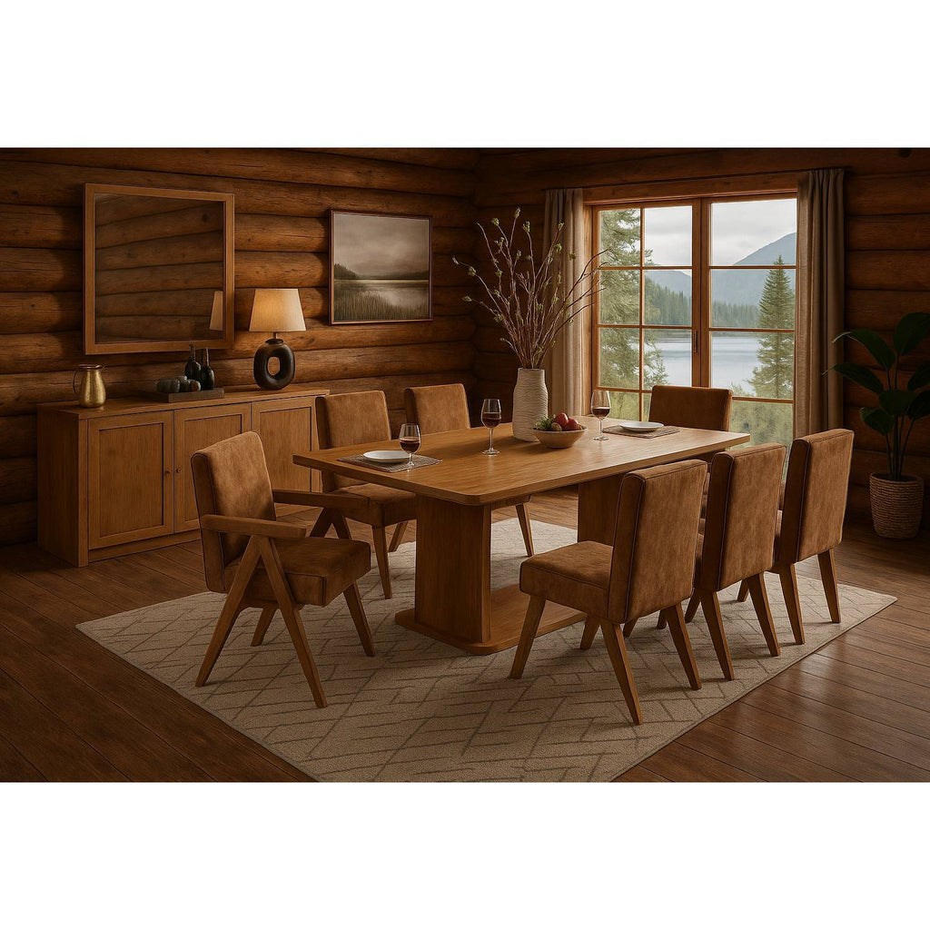 Zoey Dining Set with Rectangular Pedestal Table and Upholstered Chairs - Light Brown