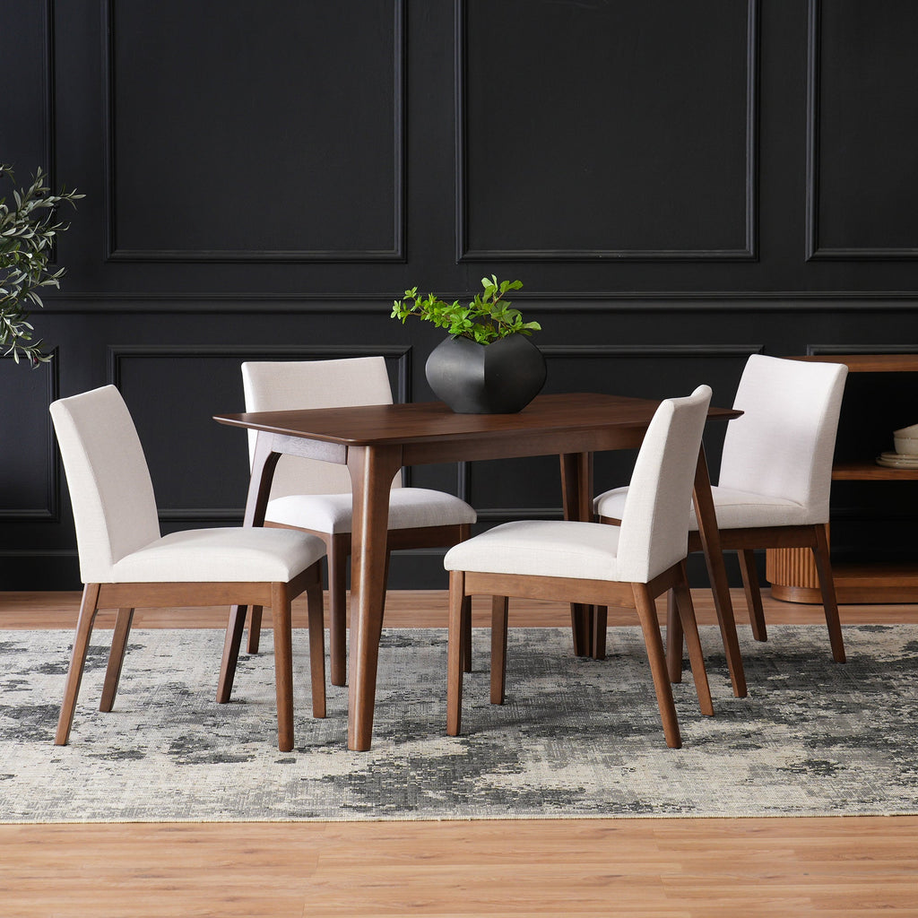 5-Piece Dining Table Set with Upholstered Chairs - Light Beige/Walnut