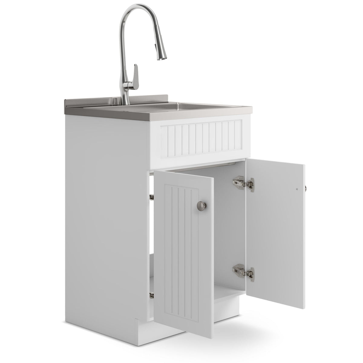 White Laundry Cabinet with Stainless Steel Sink and Faucet