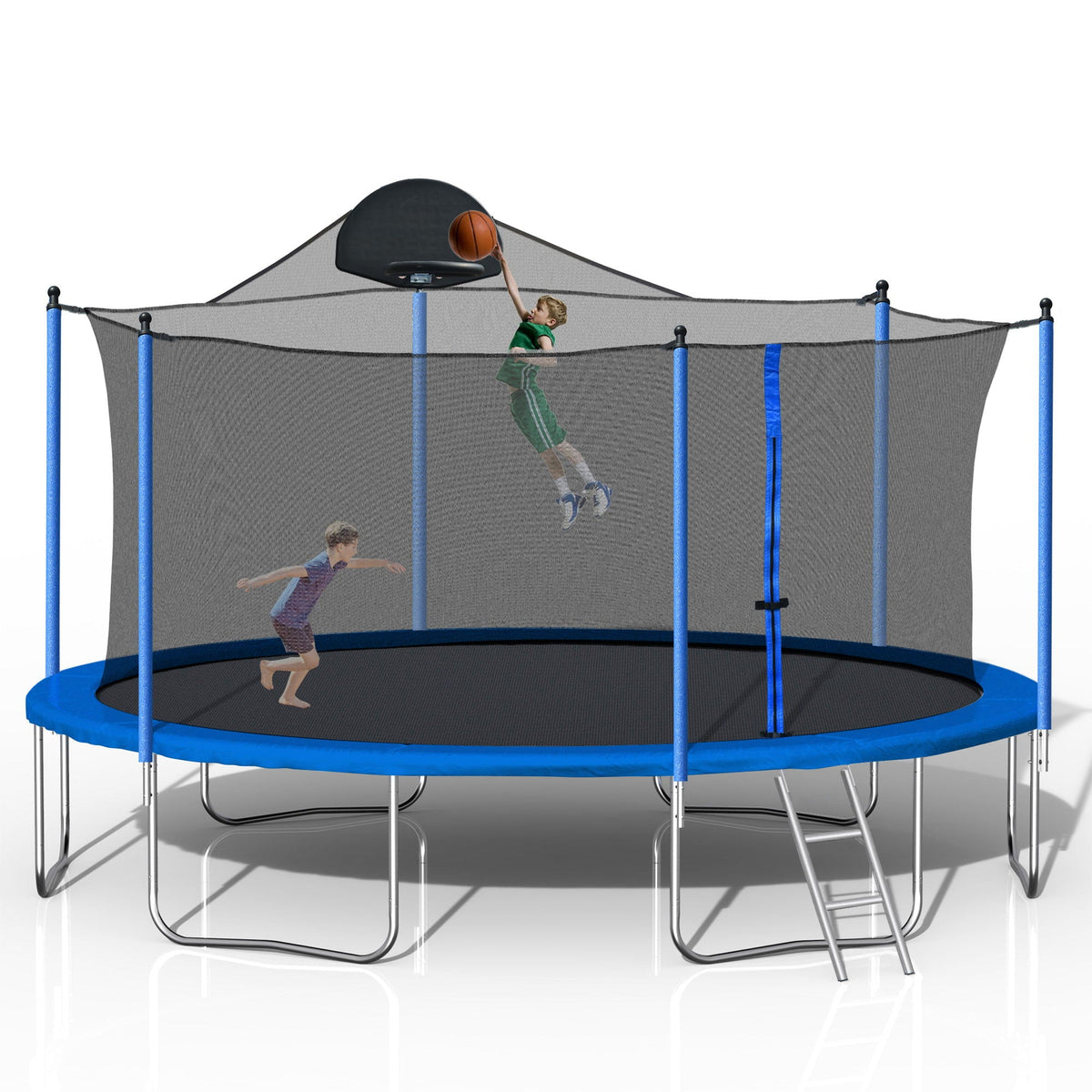 14Ft Trampoline with Basketball Hoop and Ladder - Blue
