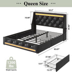 Wingback Upholstered Bed Frame with LED Lights and Charging Station - Black or White