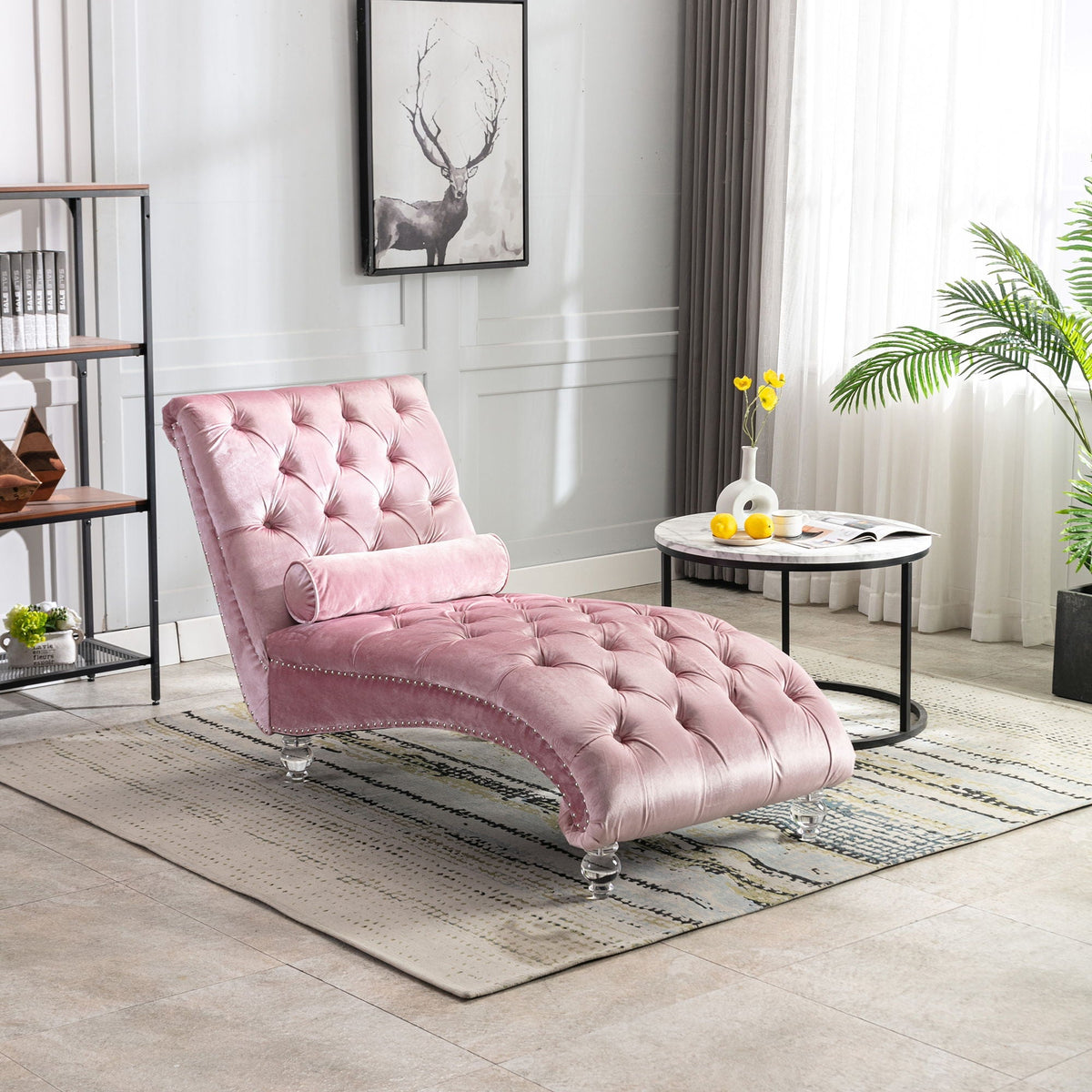 Velvet Button Tufted Chaise Lounge with Pillow - Multiple Colors